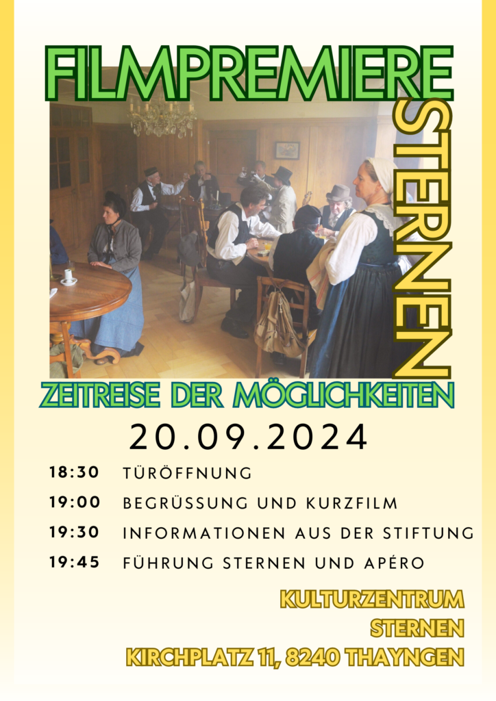 Der Flyer für die Filmpremiere am 20.09.2024 «Sternen: Zeitreise der Möglichkeiten» und das Programm für diesen Abend in bunt