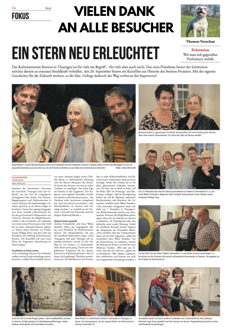 Artikel im Schaffhauser Bock vom 24.09.2024 über die Filmpremiere «Sternen: Zeitreise der Möglichkeiten» Bilder und Text von Adina Martinelli