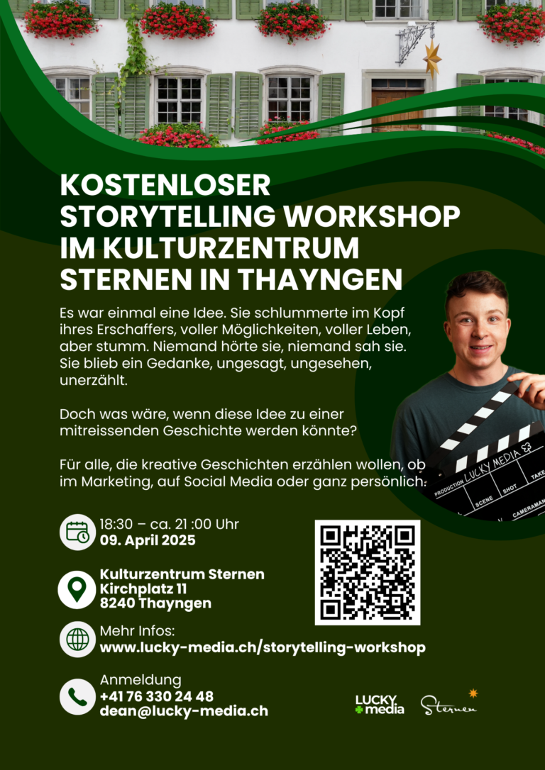 Flyer für den Storytelling Workshop am 9 April im Kulturzentrum Sternen Thayngen. Durchgeführt von Lucky Media