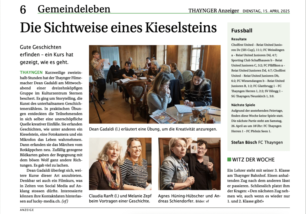 Artikel im Thaynger Anzeiger über den Storytelling Workshop im Kulturzentrum Sternen Thayngen von Dean Gadaldi